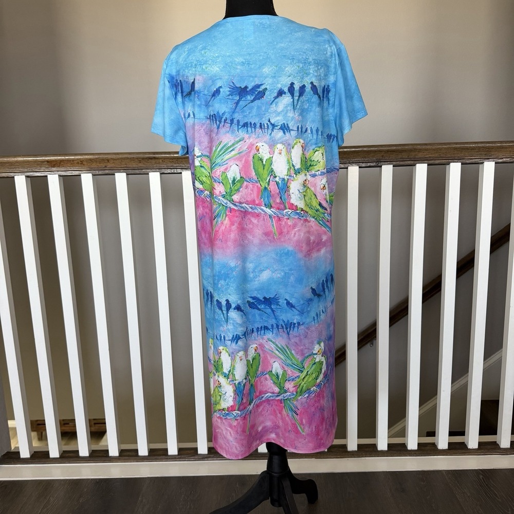 Leoma Lovegrove Dress Large Pullover Tropical Birds Parakeet Resort Artsy Travel - Picture 4 of 11